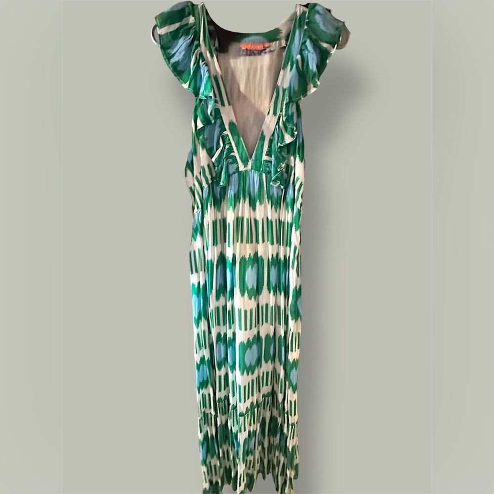 Oliphant Green and White Ruffle V-Neck Maxi Dress